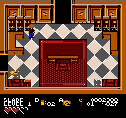 In the Bookkeeper's Office, Slade stands facing one of the bookshelves along the top wall, on the left.