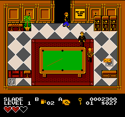 Slade walks into the Card Room from the north door. A Thug stands on the near side of the green pool table, between Slade and the table, and a Pool Cue Punk waits on its east side.