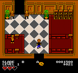 The club Lobby: two doormen stand by the north door, and Joe stands on the left.