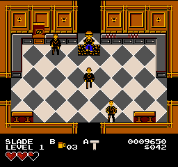 Slade walks back into the Kitchen from the north corridor. Three of Tony's men are waiting for him.