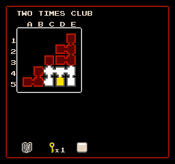 The Map screen for the Two Times Club. Rooms you've walked through are white, rooms from the Dungeon Map are red, and the room you're in is yellow.
