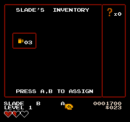 The Selection Menu, headed SLADE'S INVENTORY, with the cursor on the Travel Mug in the grid. Below it, the HUD shows your hearts, the Fists on A, nothing on B, your score and your cash.