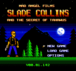 The title screen: Slade stands under a starry sky beside the menu, which reads NEW GAME, LOAD GAME and OPTIONS.