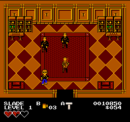 In Tony's Office, two Thugs and a Pool Cue Punk come across the rug at Slade, who is at its bottom left corner.