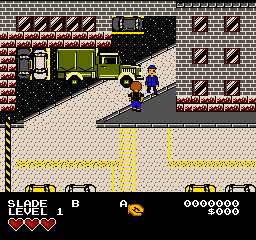 Slade walks up to Denny Rigg, who stands next to The Mule, an army truck parked in an alley.